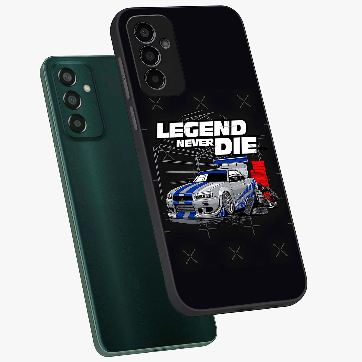 Midnight Racing Legacy Glass Case displayed in angled mockup highlighting dynamic automotive design with bold midnight aesthetic.