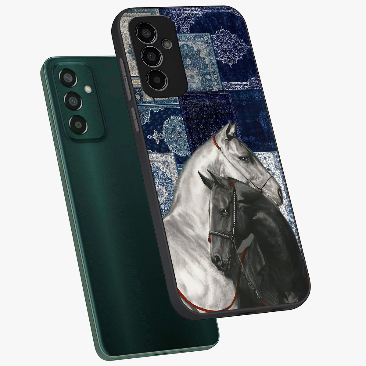 Midnight Stallion Blues Glass Case displayed in angled mockup highlighting powerful stallion illustration with deep midnight tones.