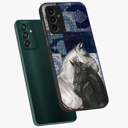 Midnight Stallion Blues Glass Case displayed in angled mockup highlighting powerful stallion illustration with deep midnight tones.