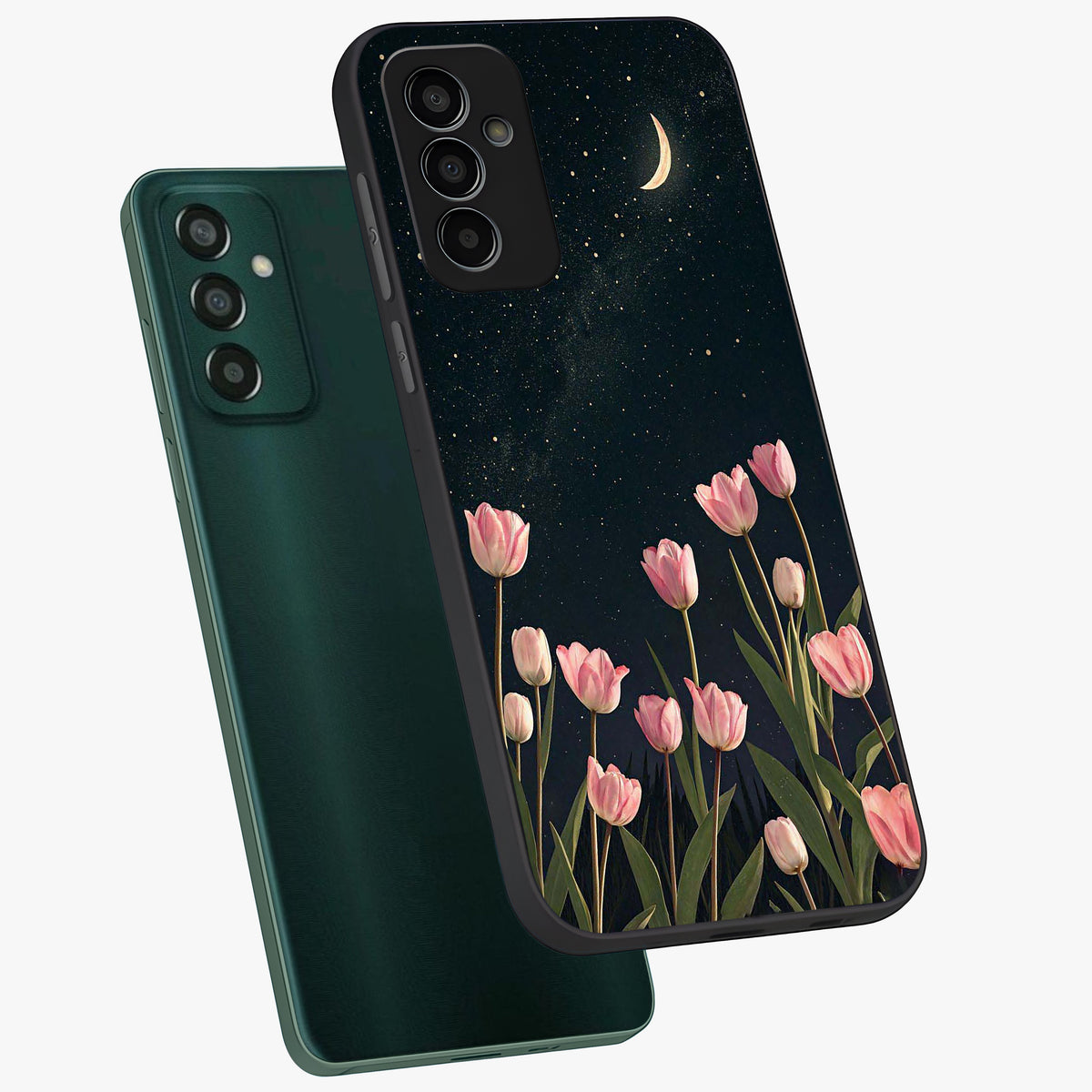 Midnight Tulip Whispers Vibe Glass Case displayed in angled mockup highlighting delicate tulip design with midnight floral aesthetic.