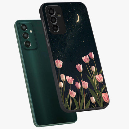 Midnight Tulip Whispers Vibe Glass Case displayed in angled mockup highlighting delicate tulip design with midnight floral aesthetic.