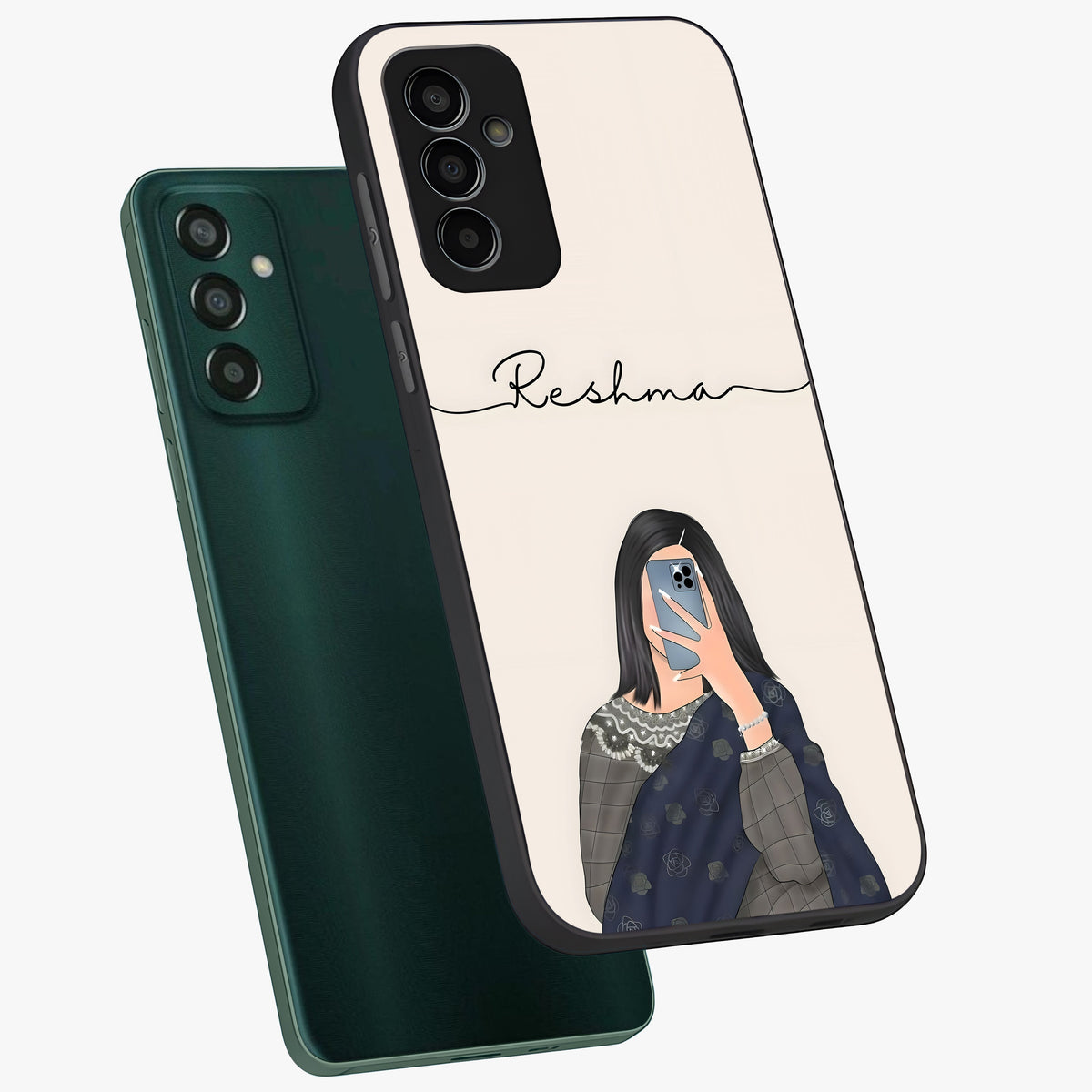 Mirror Mood Muse With Custom Name Glass Case displayed in angled mockup highlighting aesthetic mirror inspired design with custom name feature.