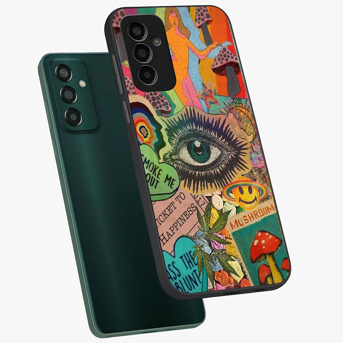 Mystic Eye Wonderland Glass Case displayed in angled mockup highlighting magical eye illustration with dreamy aesthetic.