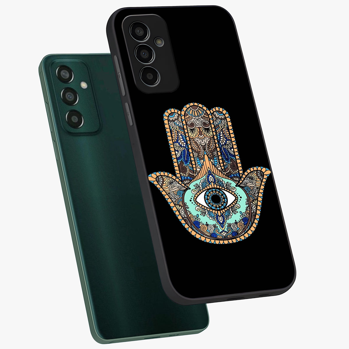 Mystic Hamsa Eye Glass Case displayed in angled mockup highlighting spiritual hamsa symbol with mystical aesthetic style.
