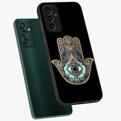 Mystic Hamsa Eye Glass Case displayed in angled mockup highlighting spiritual hamsa symbol with mystical aesthetic style.