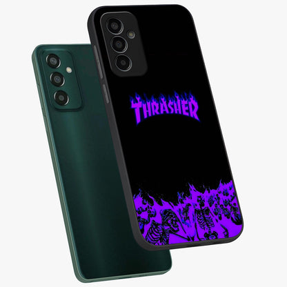 Neon Flame Riot Glass Case displayed in angled mockup highlighting glowing flame design with vibrant neon aesthetic.