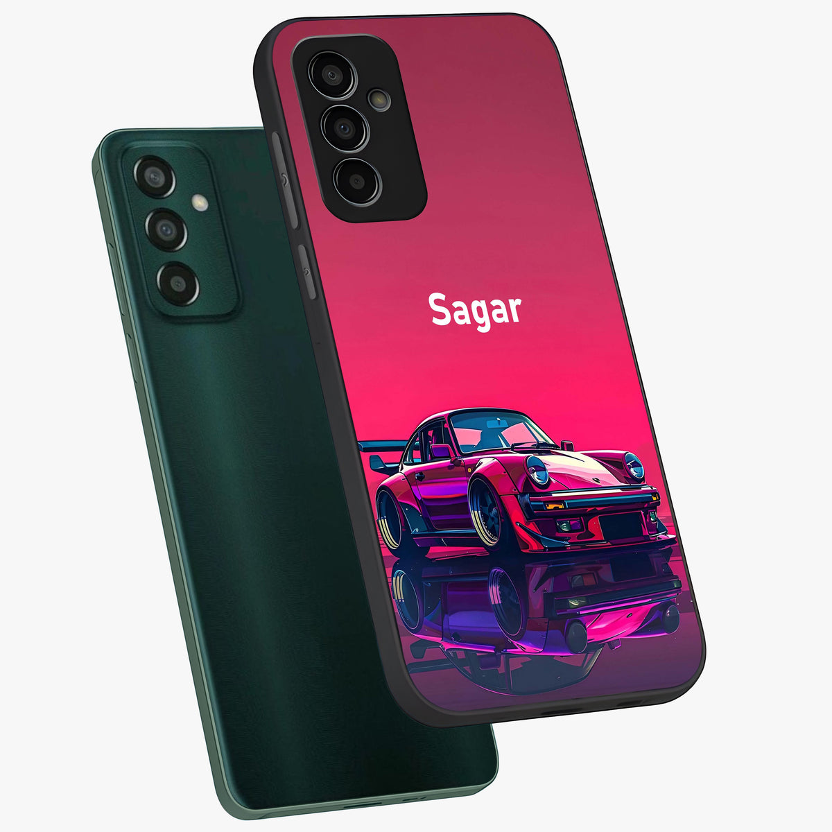 Neon Pink Porsche Glass Case displayed in angled mockup highlighting sleek neon pink car design with racing aesthetic.