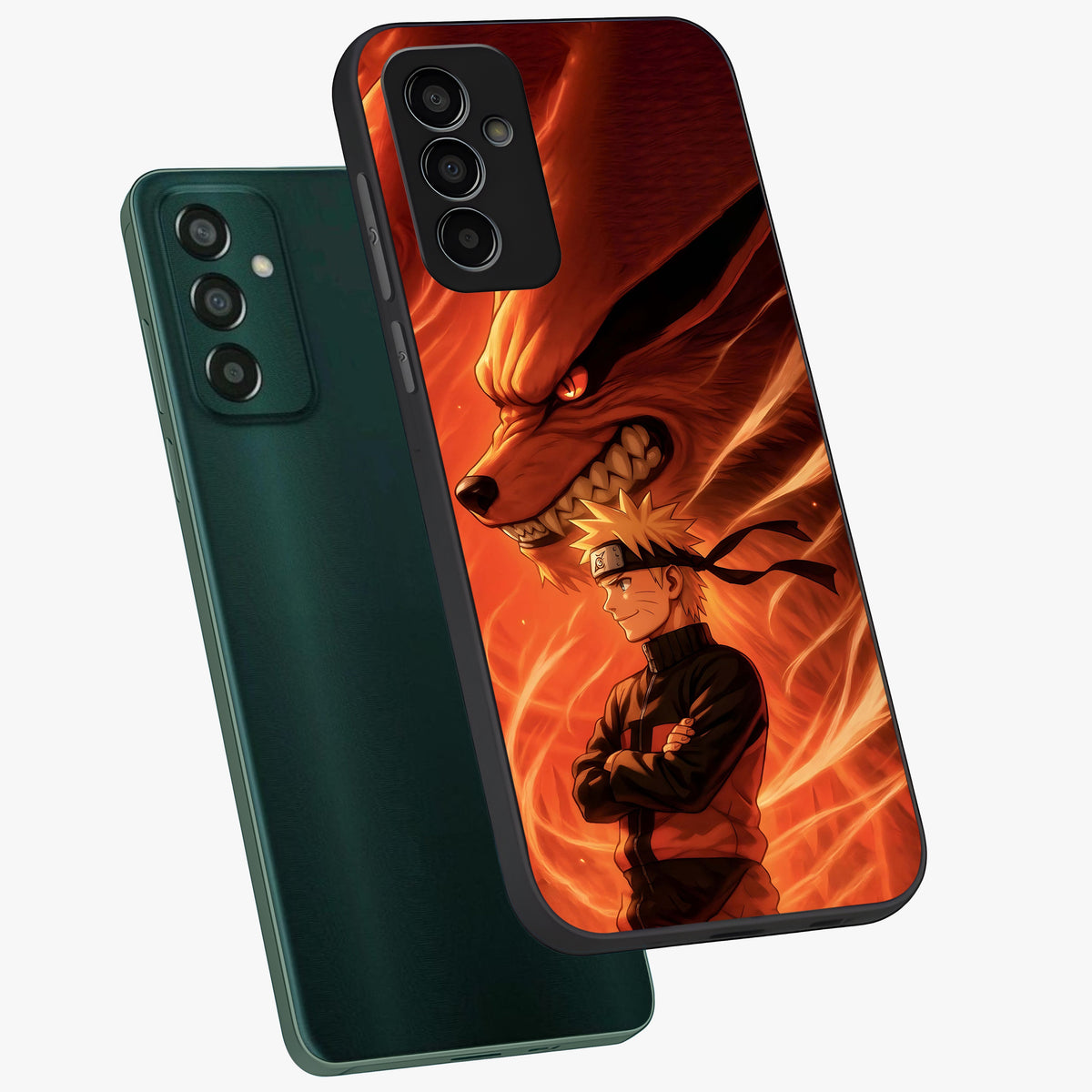 Nine Tails Legacy Glass Case displayed in angled mockup highlighting dynamic anime beast illustration with bold mystical aesthetic.