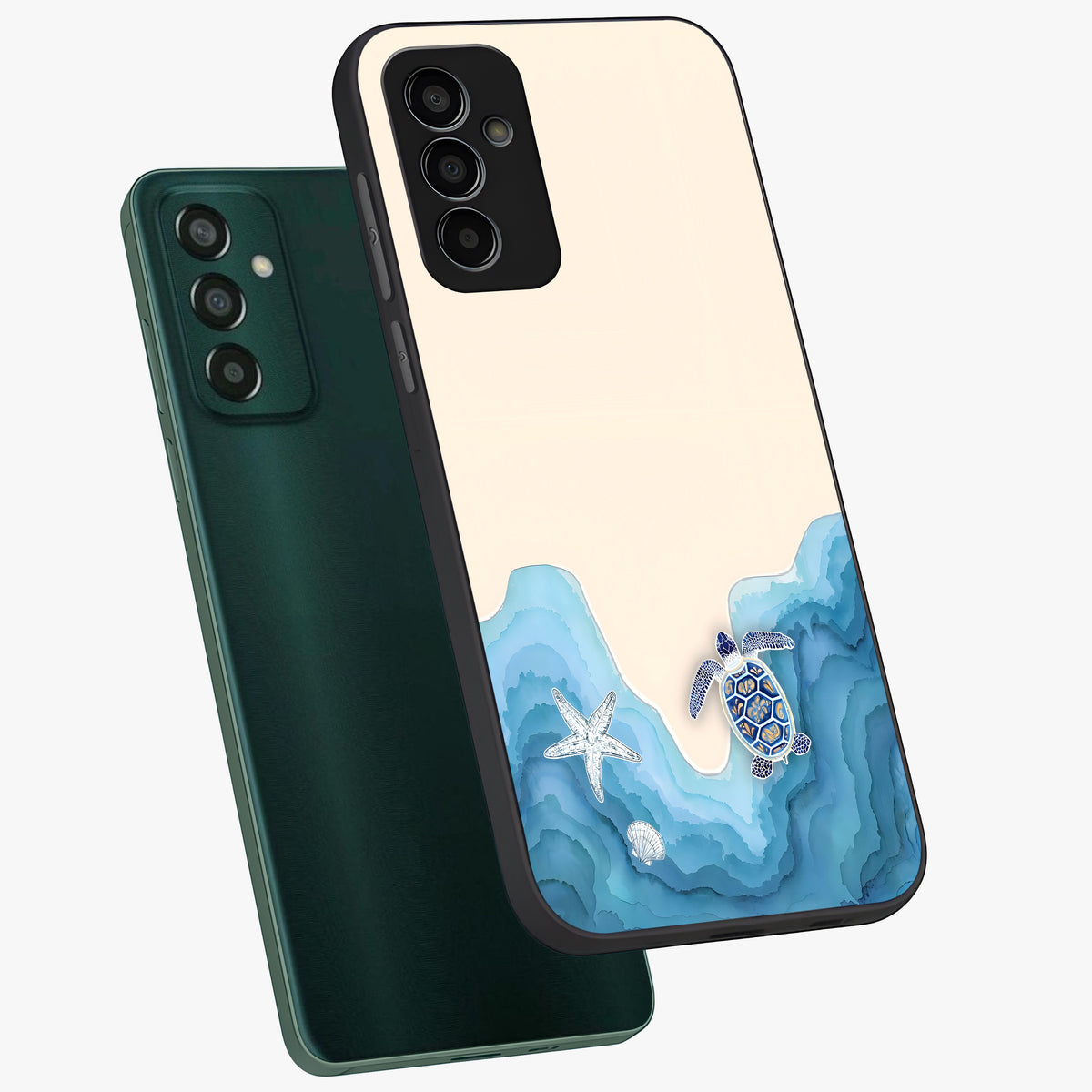 Ocean Drift Turtle Glass Case displayed in angled mockup highlighting peaceful ocean turtle illustration with marine aesthetic.