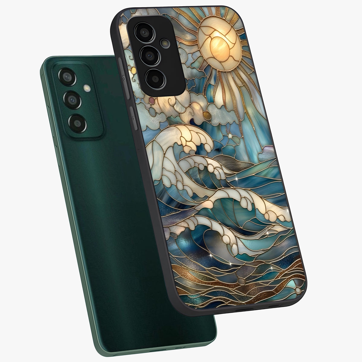 Oceanic Stained Printed Glass Case displayed in angled mockup highlighting colorful aquatic design with artistic aesthetic style.