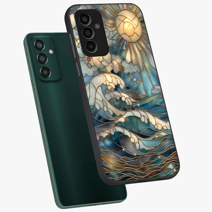 Oceanic Stained Printed Glass Case displayed in angled mockup highlighting colorful aquatic design with artistic aesthetic style.
