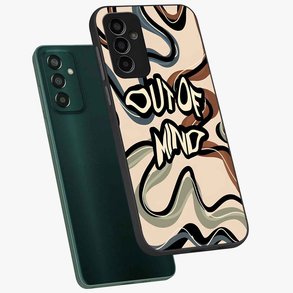 Out Of Mind Glass Case displayed in angled mockup highlighting bold statement design with modern artistic aesthetic.
