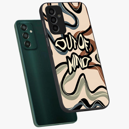 Out Of Mind Glass Case displayed in angled mockup highlighting bold statement design with modern artistic aesthetic.