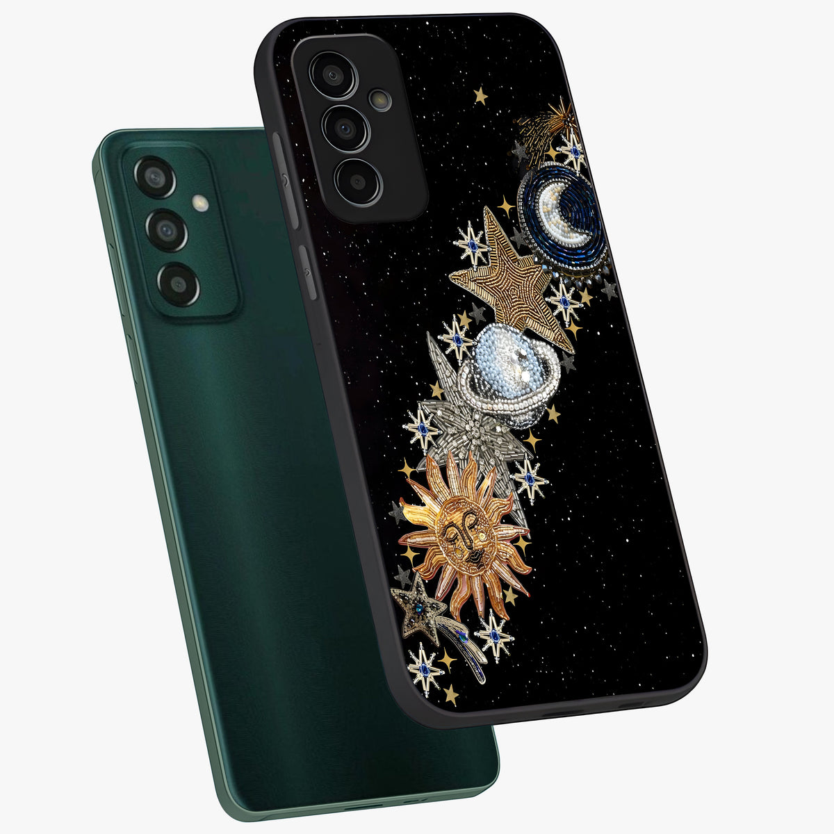 Pearls Universe Object Glass Case displayed in angled mockup highlighting celestial pearl design with dreamy aesthetic.