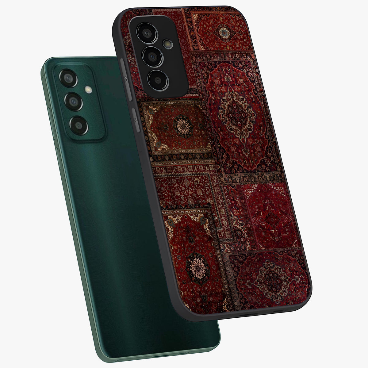 Persian Velvet Tale Glass Case displayed in angled mockup highlighting ornate textile inspired design with royal aesthetic.