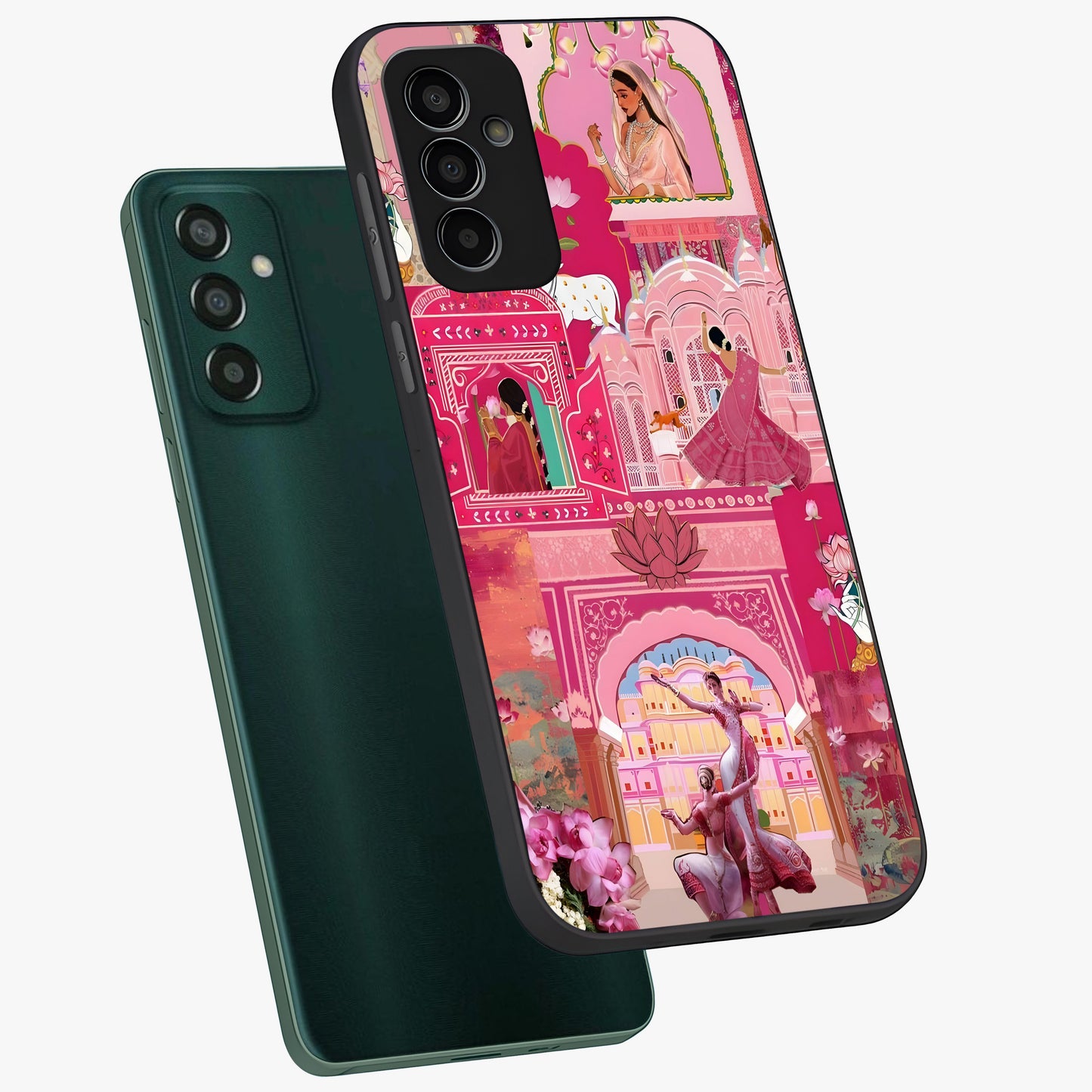 Pink Palace Muse Glass Case displayed in angled mockup highlighting dreamy palace illustration with soft pink aesthetic.