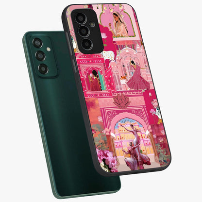 Pink Palace Muse Glass Case displayed in angled mockup highlighting dreamy palace illustration with soft pink aesthetic.