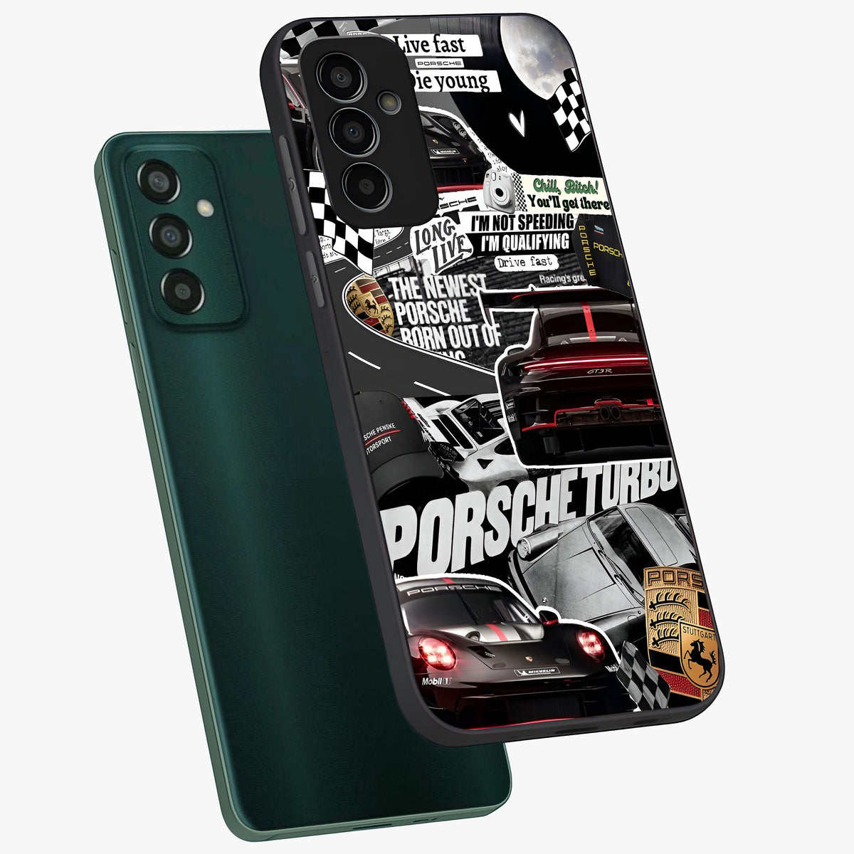 Porsche Racing Collage Glass Case displayed in angled mockup highlighting dynamic automotive design with bold racing aesthetic.