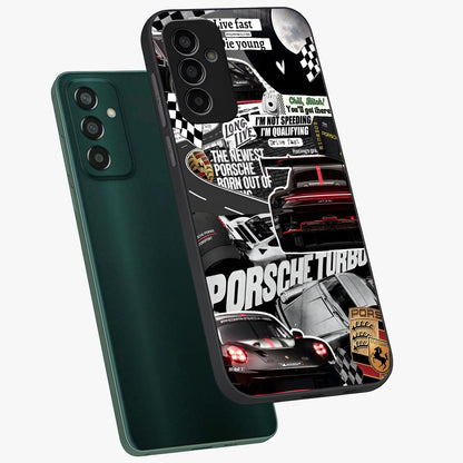 Porsche Racing Collage Glass Case displayed in angled mockup highlighting dynamic automotive design with bold racing aesthetic.