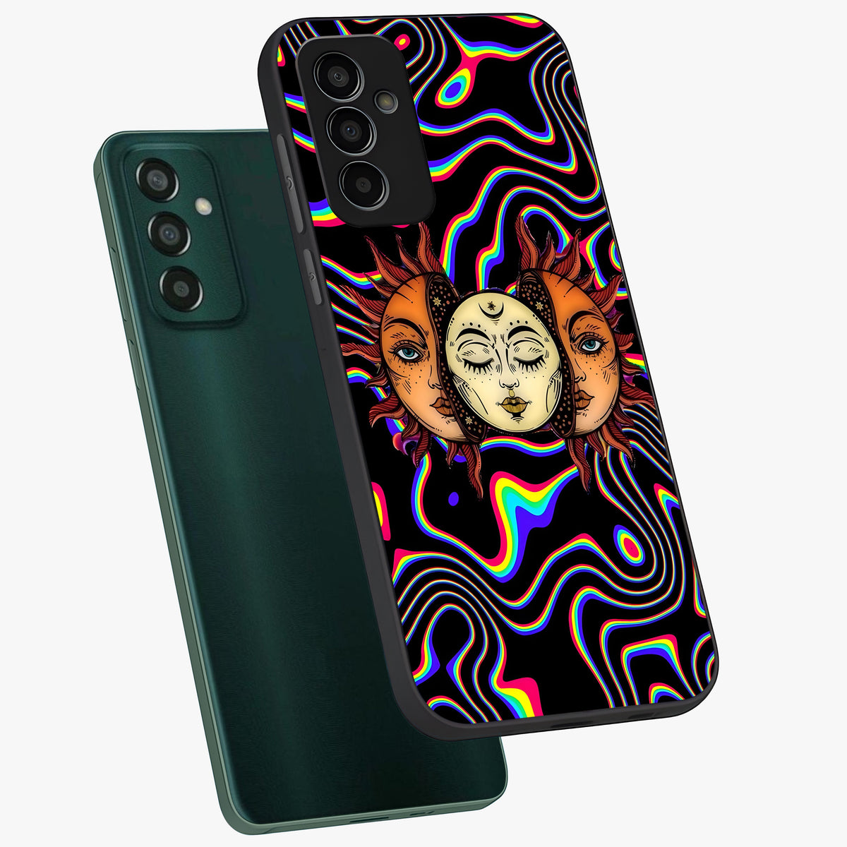 Psychedelic Sun Glass Case displayed in angled mockup highlighting vibrant abstract sun design with artistic aesthetic style.