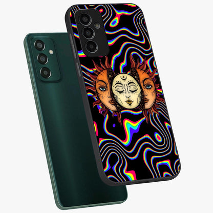 Psychedelic Sun Glass Case displayed in angled mockup highlighting vibrant abstract sun design with artistic aesthetic style.