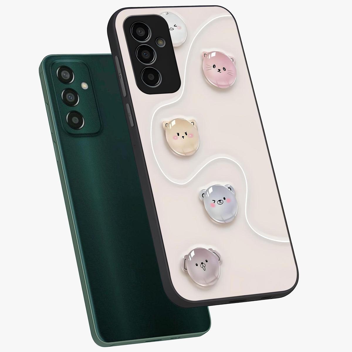 Puffy Face Parade Glass Case displayed in angled mockup highlighting playful cartoon face design with fun aesthetic.