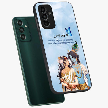 Radha Krishna Eternal Glass Case displayed in angled mockup highlighting divine Radha Krishna illustration with spiritual aesthetic.