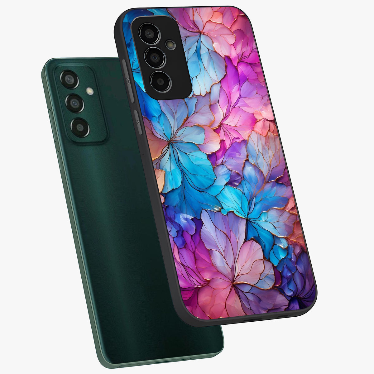Radiant Floral Whirl Glass Case displayed in angled mockup highlighting vibrant flower pattern with dynamic artistic aesthetic.