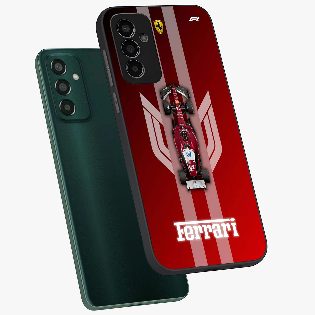 Red Ferrari F1 Vertical Glass Case displayed in angled mockup highlighting high speed racing design with bold automotive aesthetic.