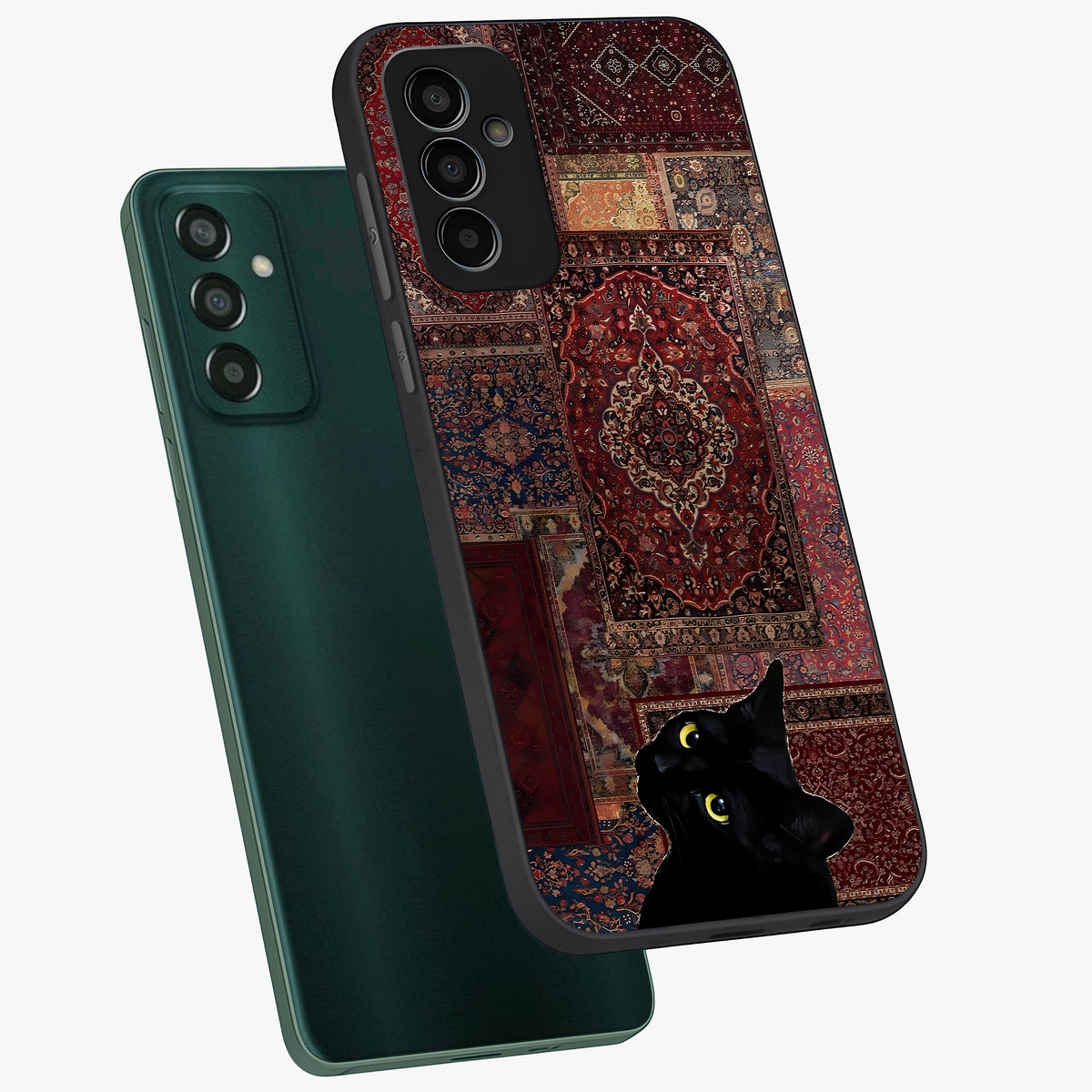 Regal Magic Cat Apple Glass Case displayed in angled mockup highlighting whimsical feline design with fantasy aesthetic.