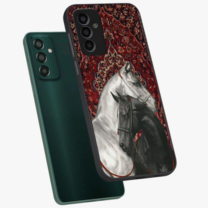 Regal Stallion Tapestry Glass Case displayed in angled mockup highlighting royal stallion design with decorative heritage aesthetic.