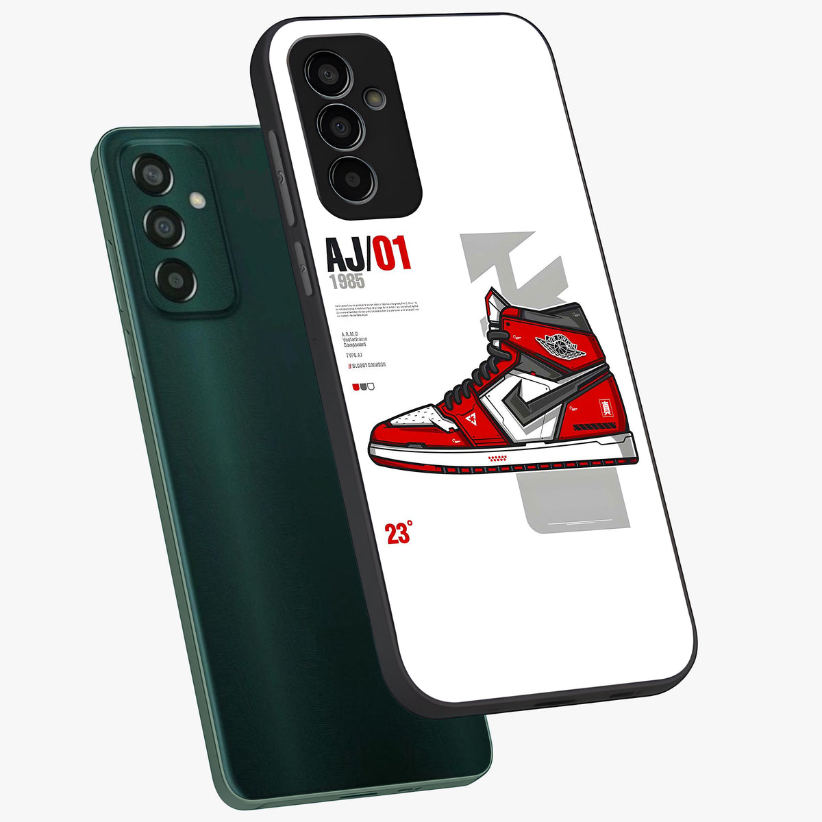 Retro Sneaker Blueprint Glass Case displayed in angled mockup highlighting detailed shoe design with sporty retro aesthetic.