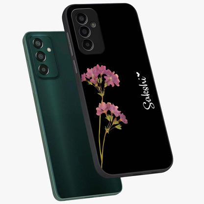 Riching Lavender Flower Custom Name Glass Case displayed in angled mockup highlighting delicate lavender flower design with custom name feature.