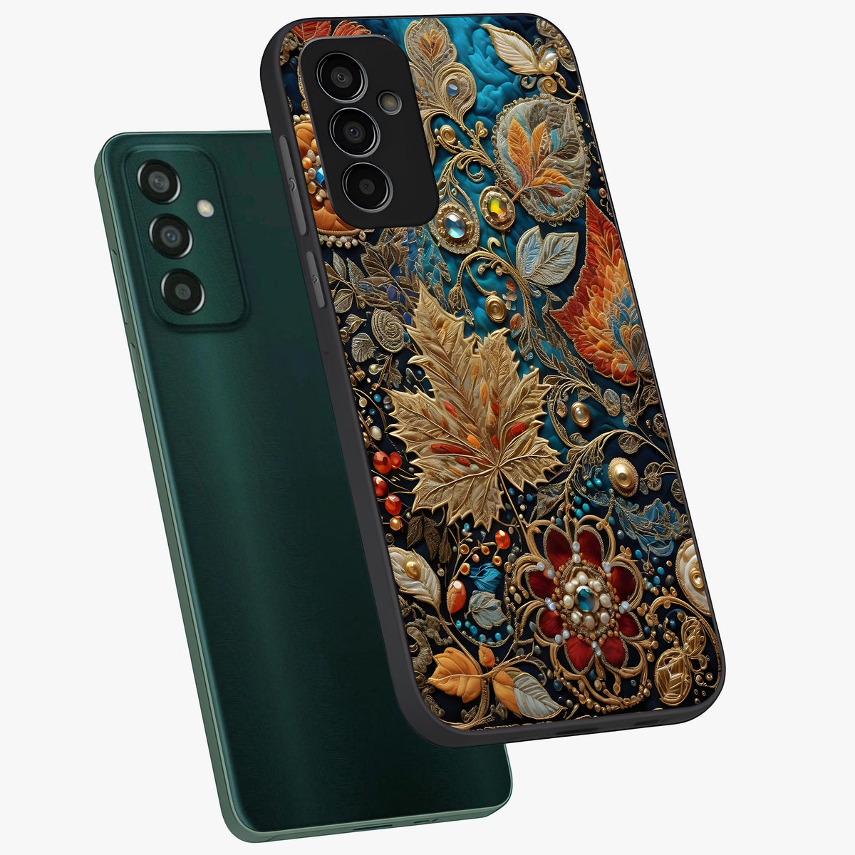 Royal Jewel Garden Glass Case displayed in angled mockup highlighting vibrant jewel inspired floral design with elegant aesthetic.