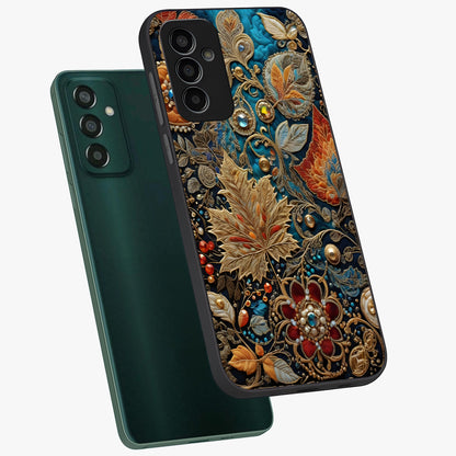 Royal Jewel Garden Glass Case displayed in angled mockup highlighting vibrant jewel inspired floral design with elegant aesthetic.
