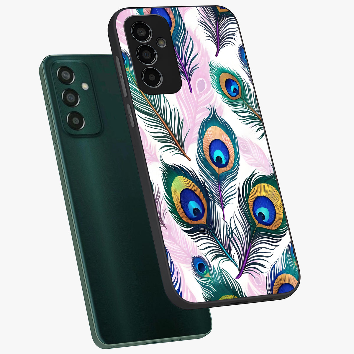 Royal Peacock Feathers Glass Case displayed in angled mockup highlighting vibrant feather pattern with regal aesthetic style.