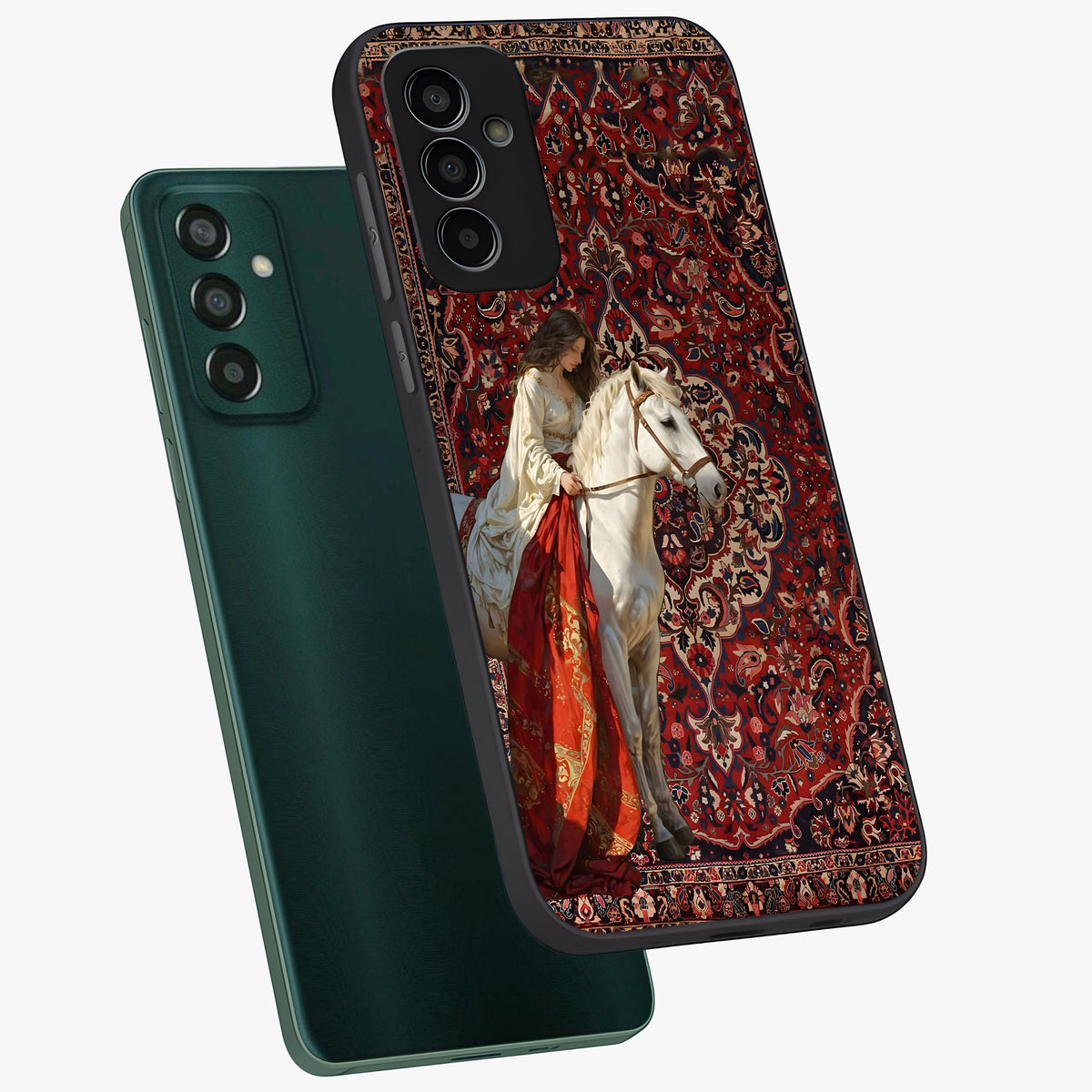 Royal Rider Tapestry Glass Case displayed in angled mockup highlighting traditional tapestry design with royal heritage aesthetic.