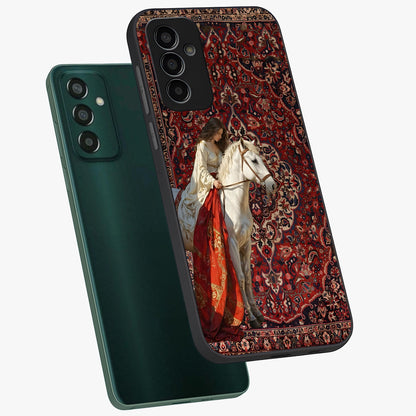Royal Rider Tapestry Glass Case displayed in angled mockup highlighting traditional tapestry design with royal heritage aesthetic.
