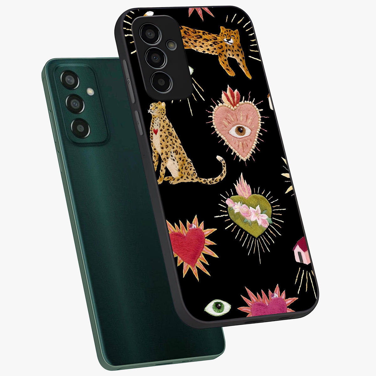Sacred Jungle Heart Glass Case displayed in angled mockup highlighting lush tropical design with natural aesthetic style.