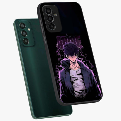 Shadow Monarch Awakening Glass Case displayed in angled mockup highlighting dramatic shadow warrior design with fantasy aesthetic.