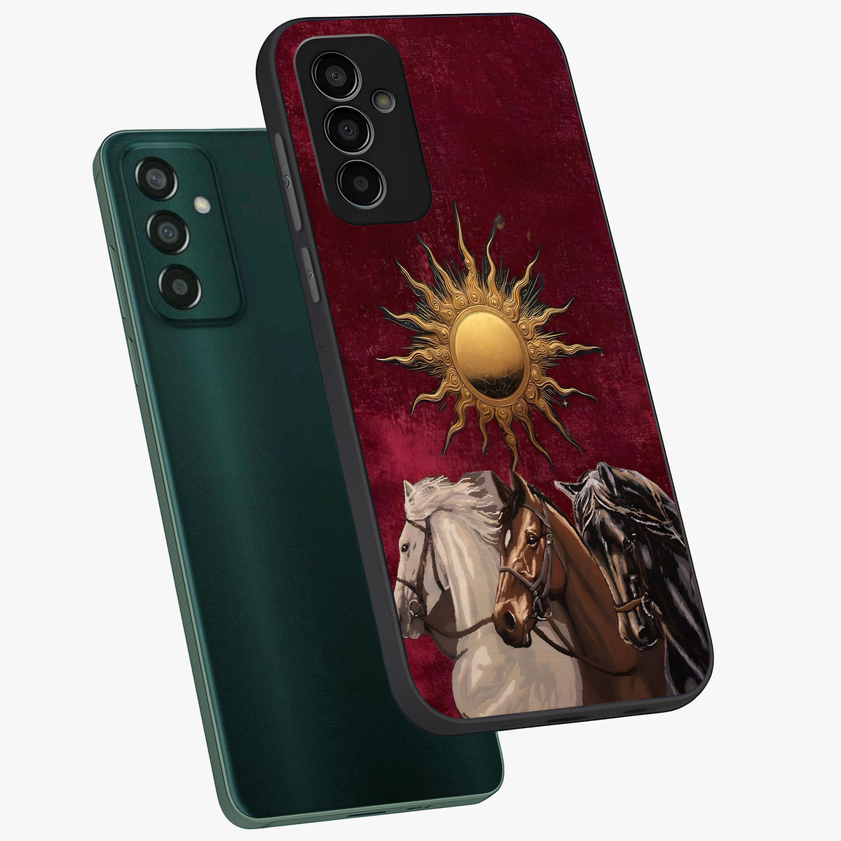 Solar Riders Glass Case displayed in angled mockup highlighting powerful rider illustration with radiant solar aesthetic.