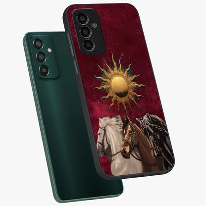 Solar Riders Glass Case displayed in angled mockup highlighting powerful rider illustration with radiant solar aesthetic.