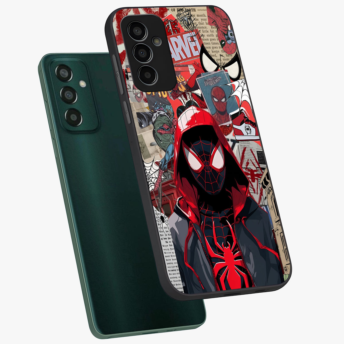 Spider Collage Street Glass Case displayed in angled mockup highlighting dynamic street style collage design with comic aesthetic.