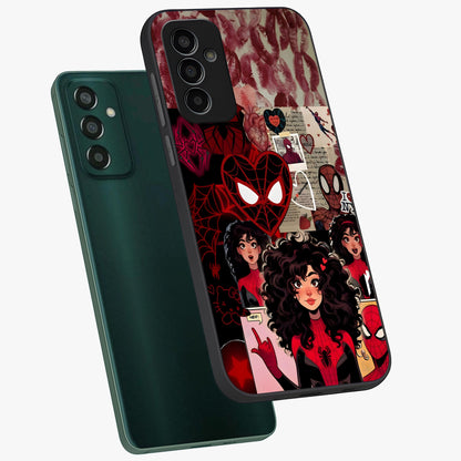 Spider Love Story Glass Case displayed in angled mockup highlighting expressive comic inspired design with playful aesthetic.