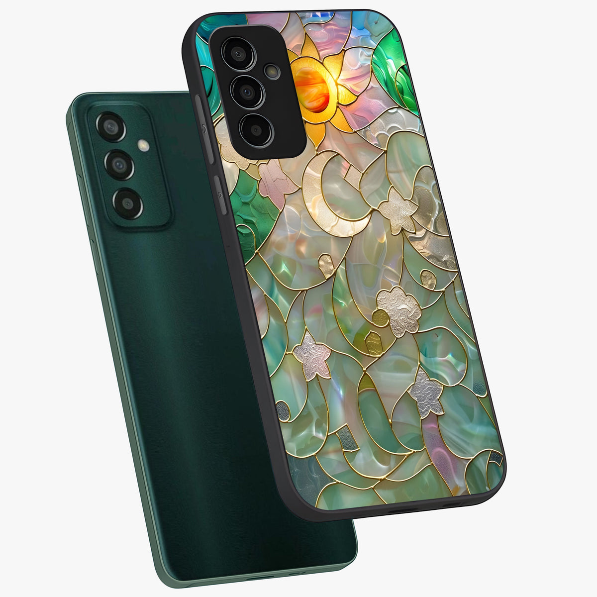 Stained Sunrise Glow Glass Case displayed in angled mockup highlighting radiant sunrise design with artistic aesthetic style.