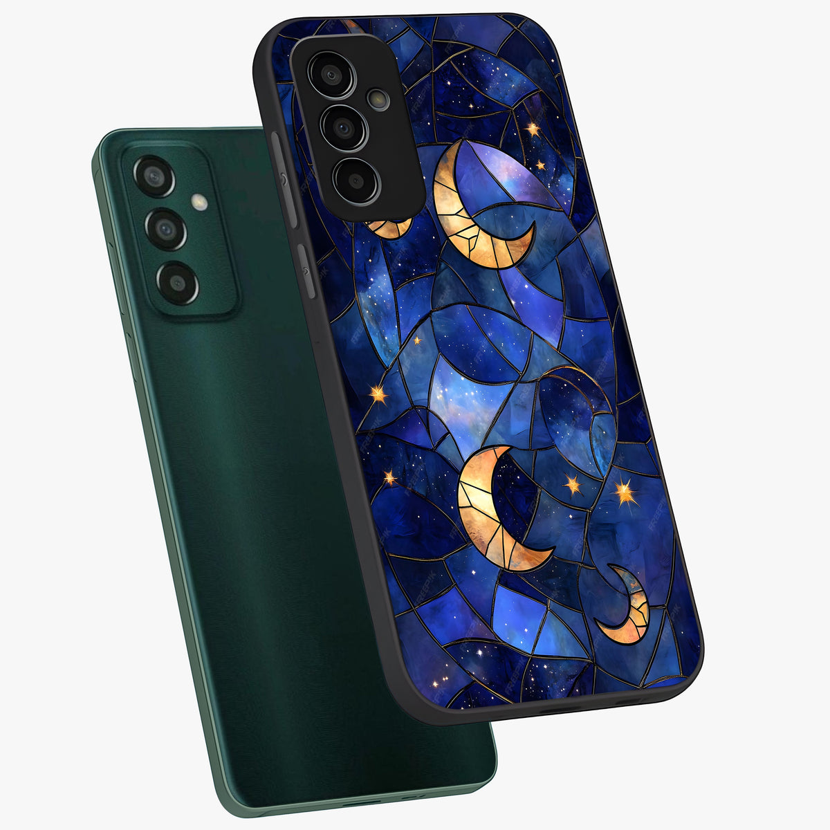 Starlit Sky Tapestry Glass Case displayed in angled mockup highlighting celestial night pattern with artistic aesthetic style.