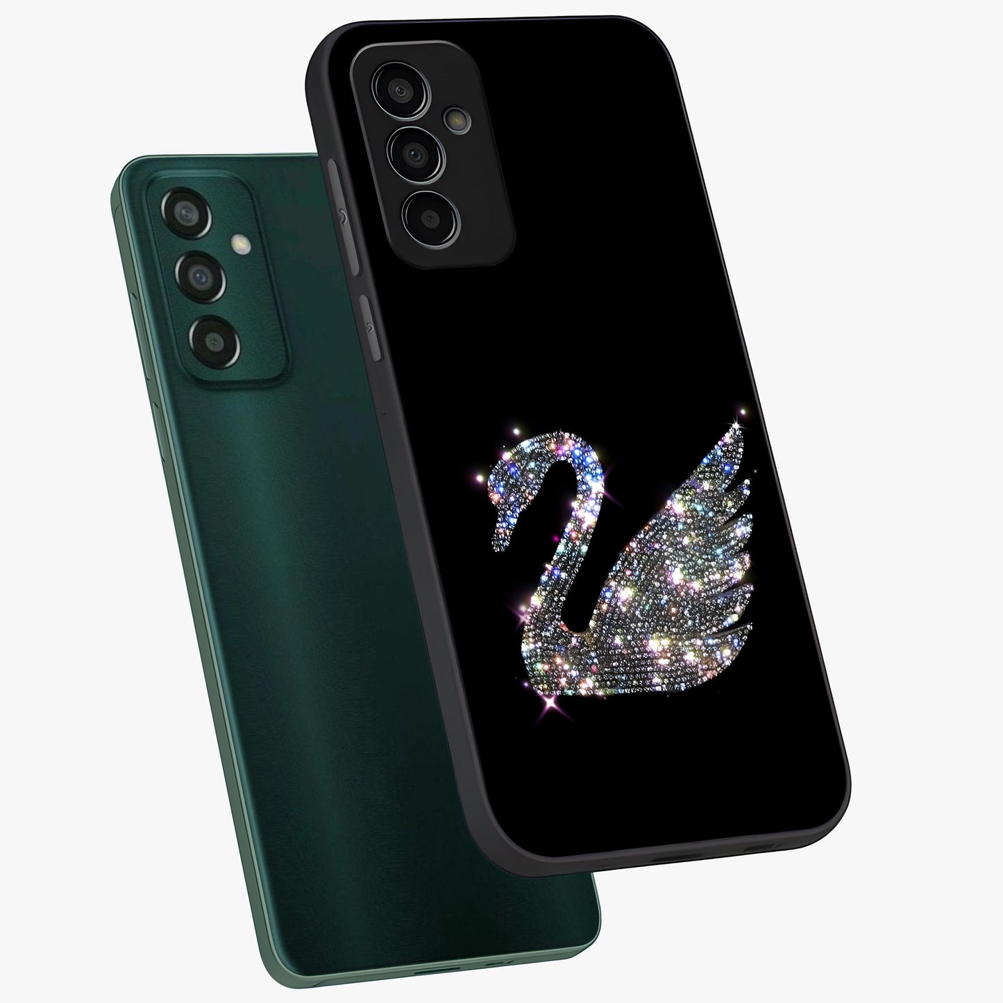 Starlit Swan Grace Glass Case displayed in angled mockup highlighting elegant swan illustration with dreamy celestial aesthetic.
