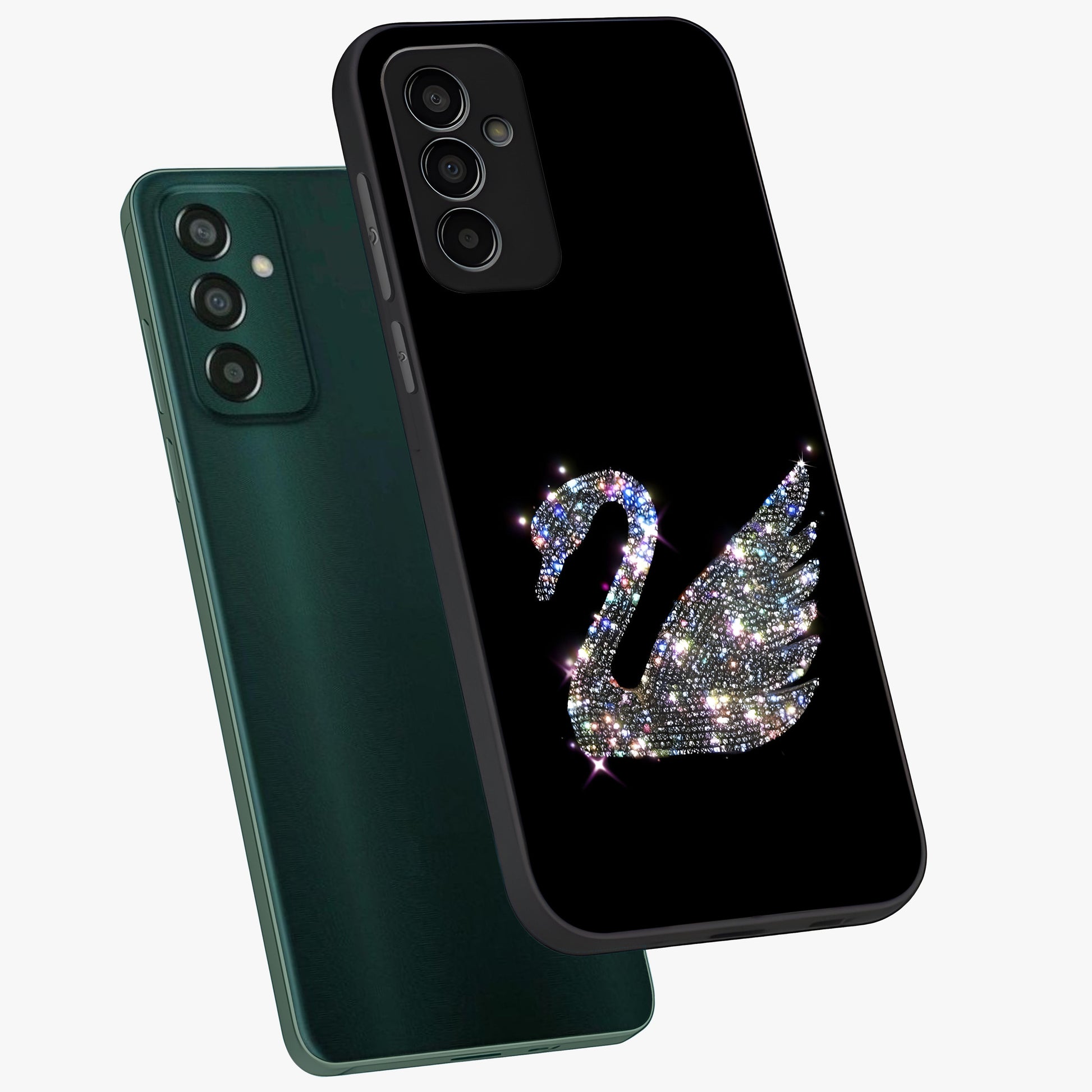 Starlit Swan Grace Glass Case displayed in angled mockup highlighting elegant swan illustration with dreamy celestial aesthetic.