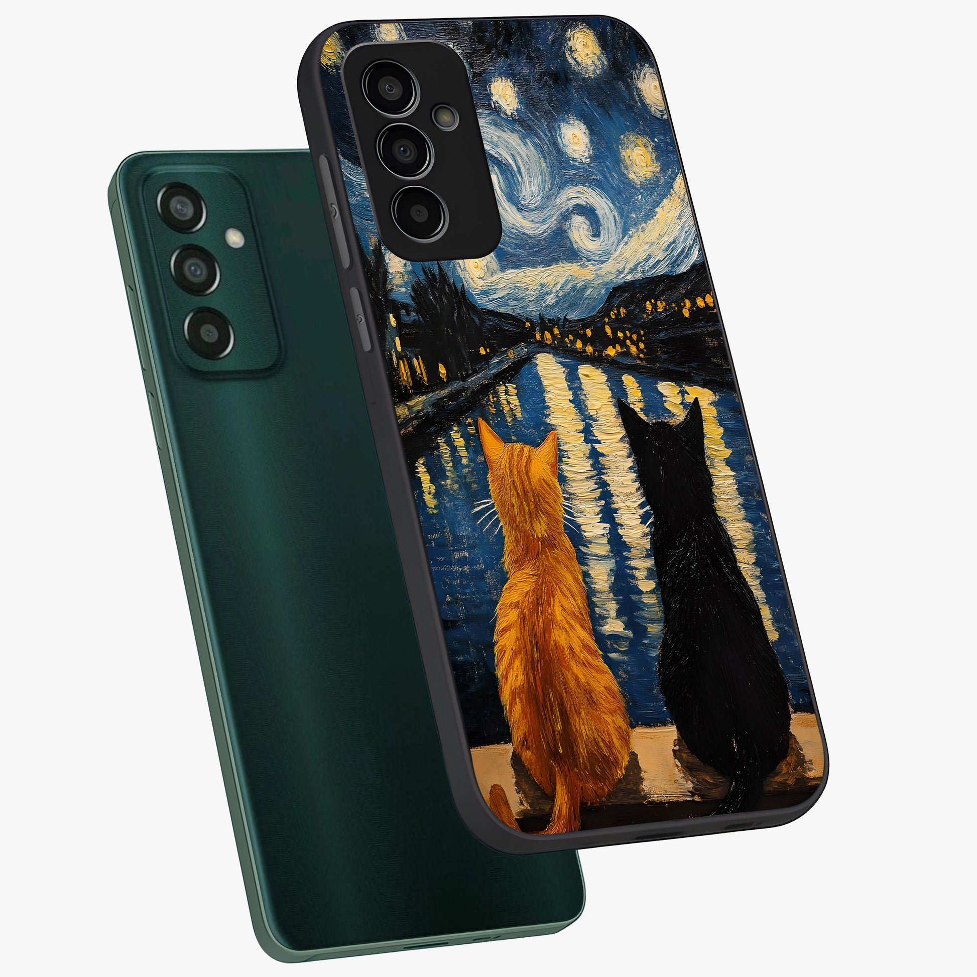 Starry River Cats Glass Case displayed in angled mockup highlighting charming feline illustration with dreamy night aesthetic.