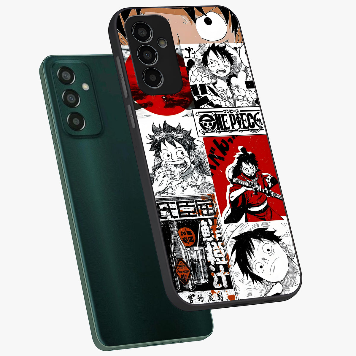Strawhat Chaos Panels Glass Case displayed in angled mockup highlighting vibrant anime collage design with action aesthetic.